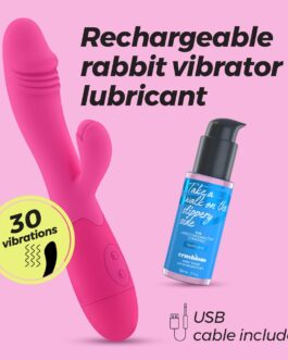 VIBRADOR RECARREGÁVEL COM ESTIMULADOR DE CLITÓRIS BLOSSOMS ROSA CHOQUE E LUBRIFICANTE À BASE DE ÁGUA INCLUÍDO CRUSHIOUS